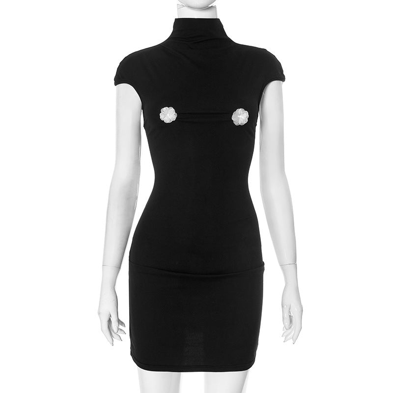 Flower Solid Color Sleeveless Turtleneck Slim Fit Dress