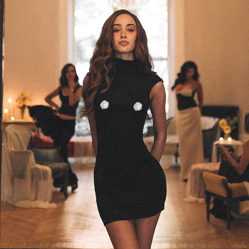 Flower Solid Color Sleeveless Turtleneck Slim Fit Dress