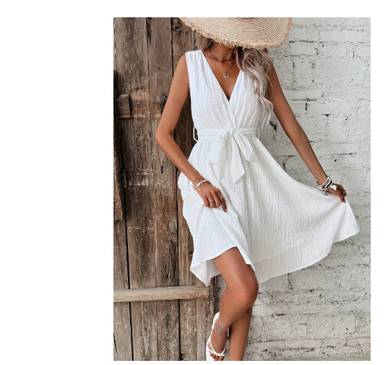 Solid Color Belt V-neck Double Layer Dress Women