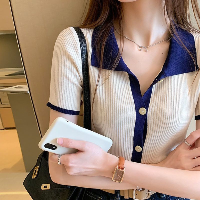 Color Contrast Retro Ice Silk Knitted Cardigan