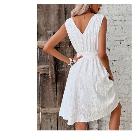 Solid Color Belt V-neck Double Layer Dress Women