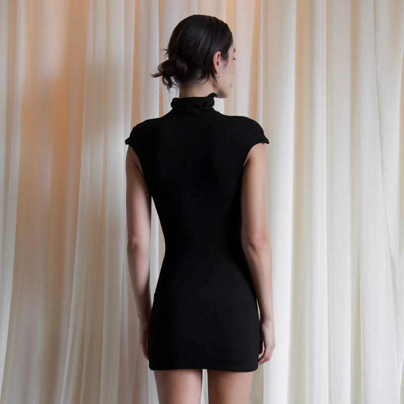 Flower Solid Color Sleeveless Turtleneck Slim Fit Dress