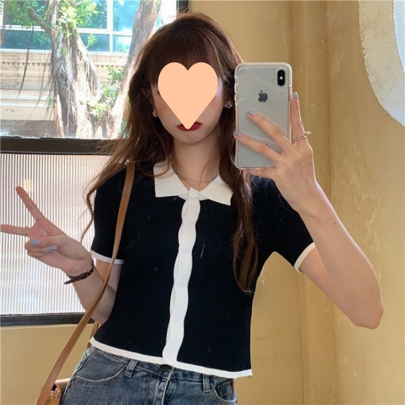 Color Contrast Retro Ice Silk Knitted Cardigan