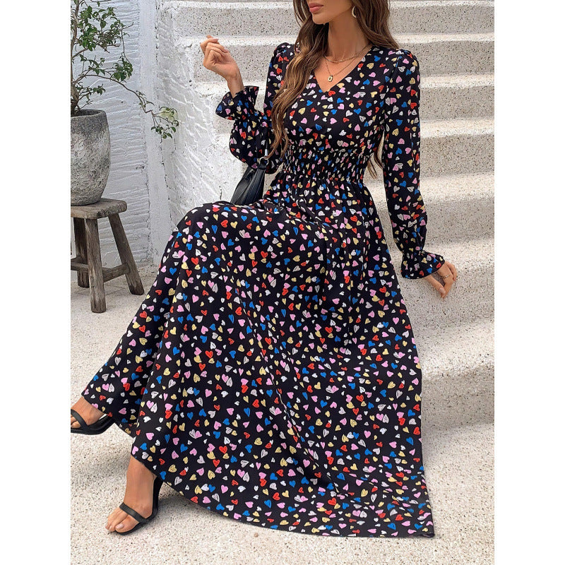 European And American Fall Women's Clothing Printed V-neck Long Sleeve Big Hem Fashion All-matching Dress